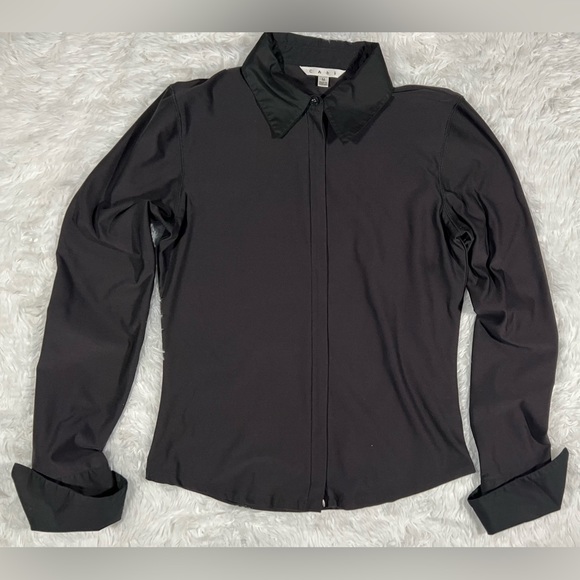 #117 CAbi 246 Zip-Up French Cuff Black Career Blouse size medium - Picture 3 of 10